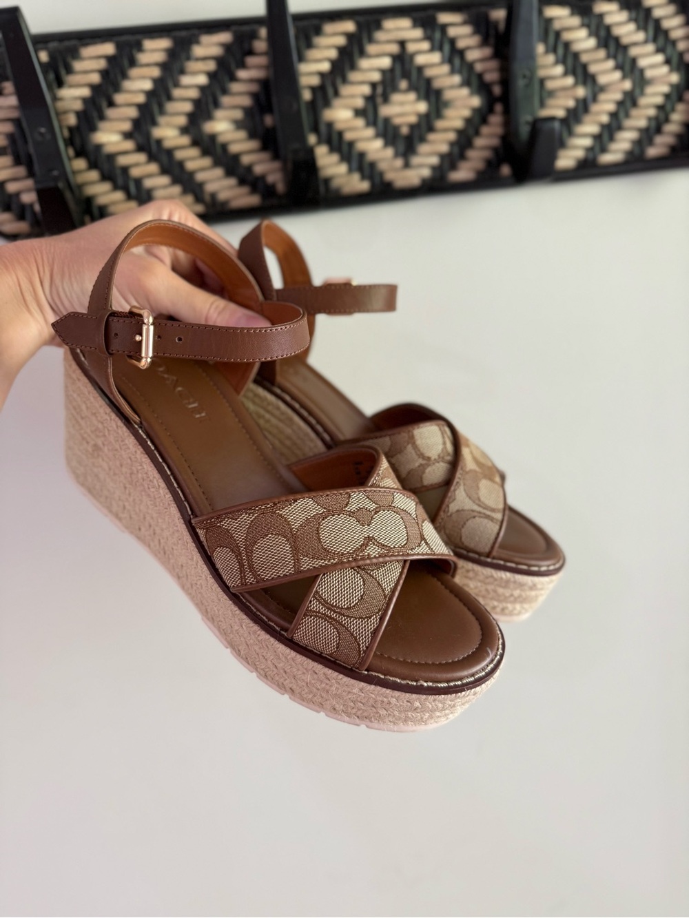Coach Kimberly Espadrille Wedge Heels - Brown Jacquard - Size 8 - Picture 2 of 12